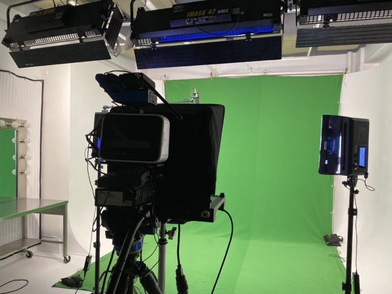 camera and green screen in studio